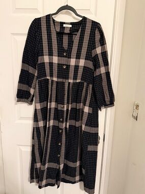 Checked Button-Front Midi Dress in Black and Beige